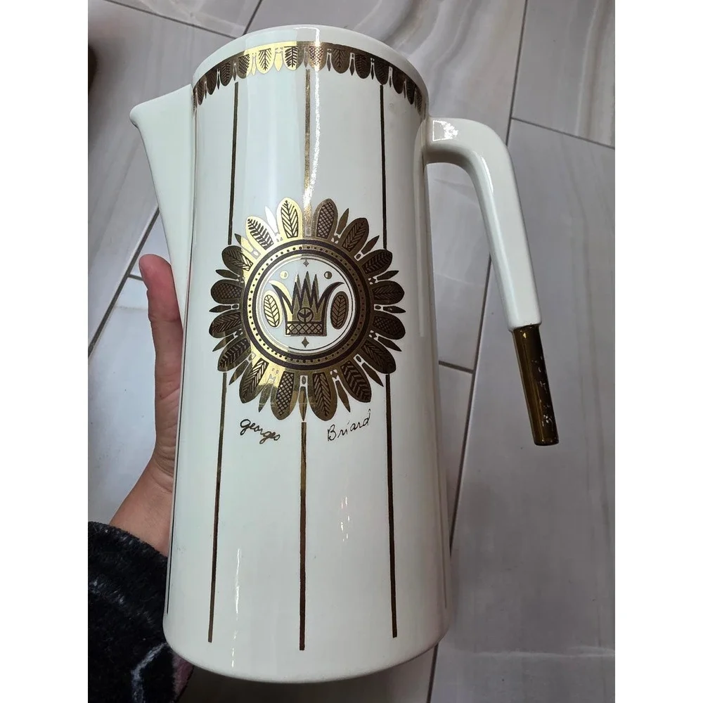 Georges Briard Vintage Mid Century Modern Gold Crown Ceramic Pitcher 9.25